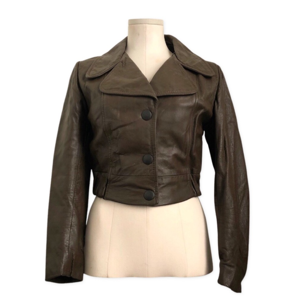 Authentic Vintage 60s Cropped Leather Button Up Jacket with Collar Moto Bomber